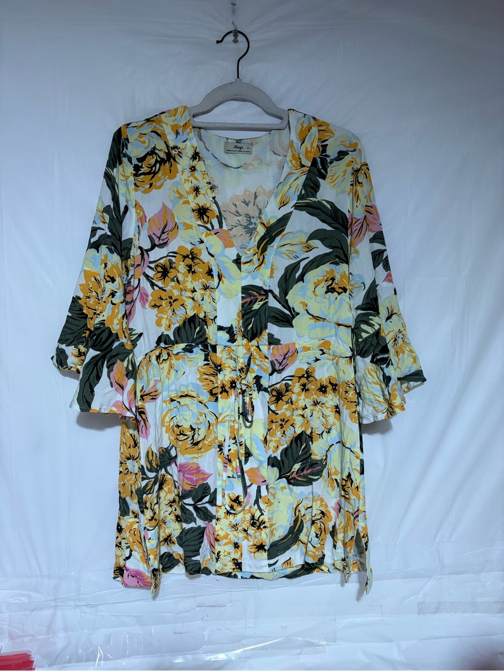 Maaji Yellow Pink & Green Floral V-Neck Drawstring Tunic Dress